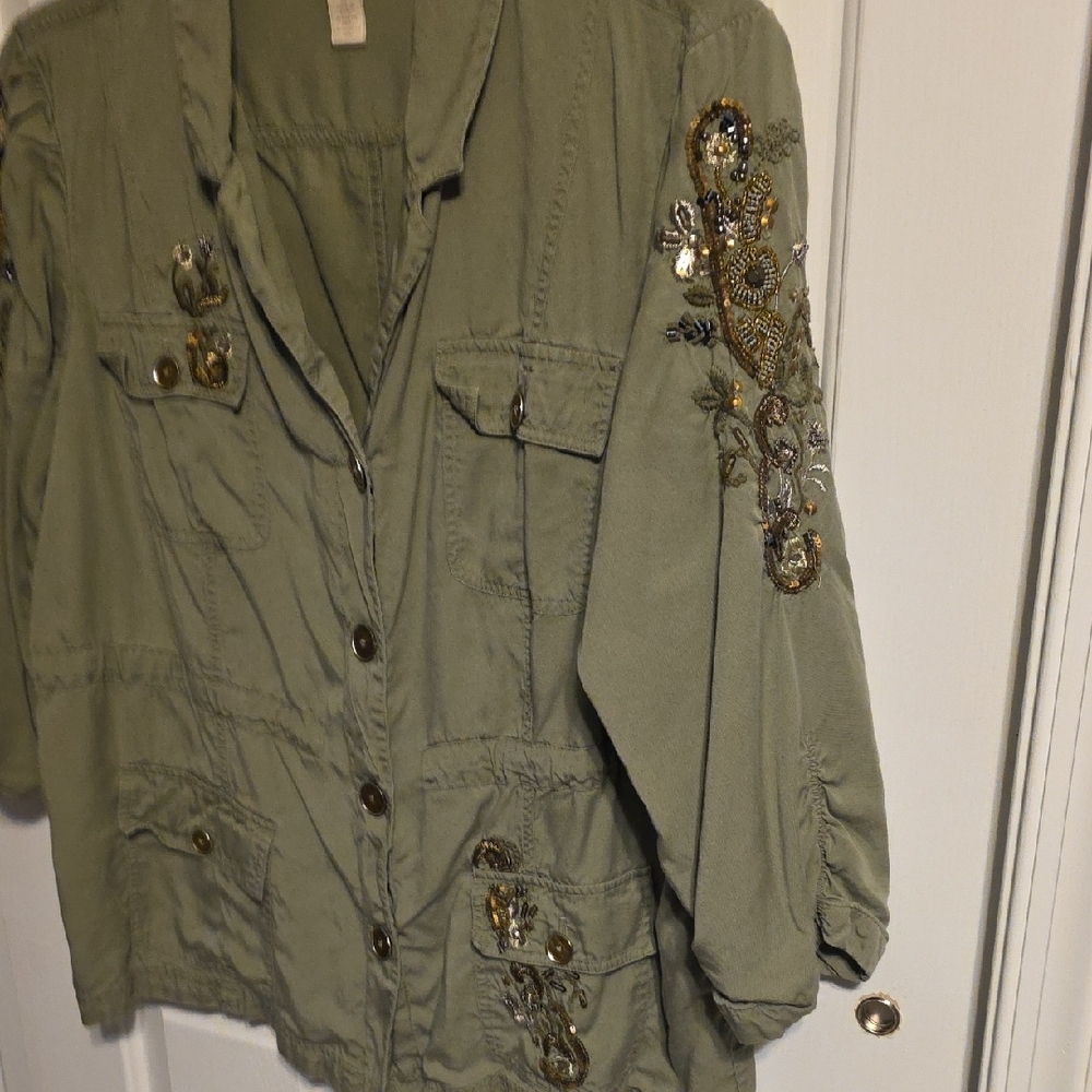 Chico's Olive Embroidered Utility Jacket - Picture 8 of 12